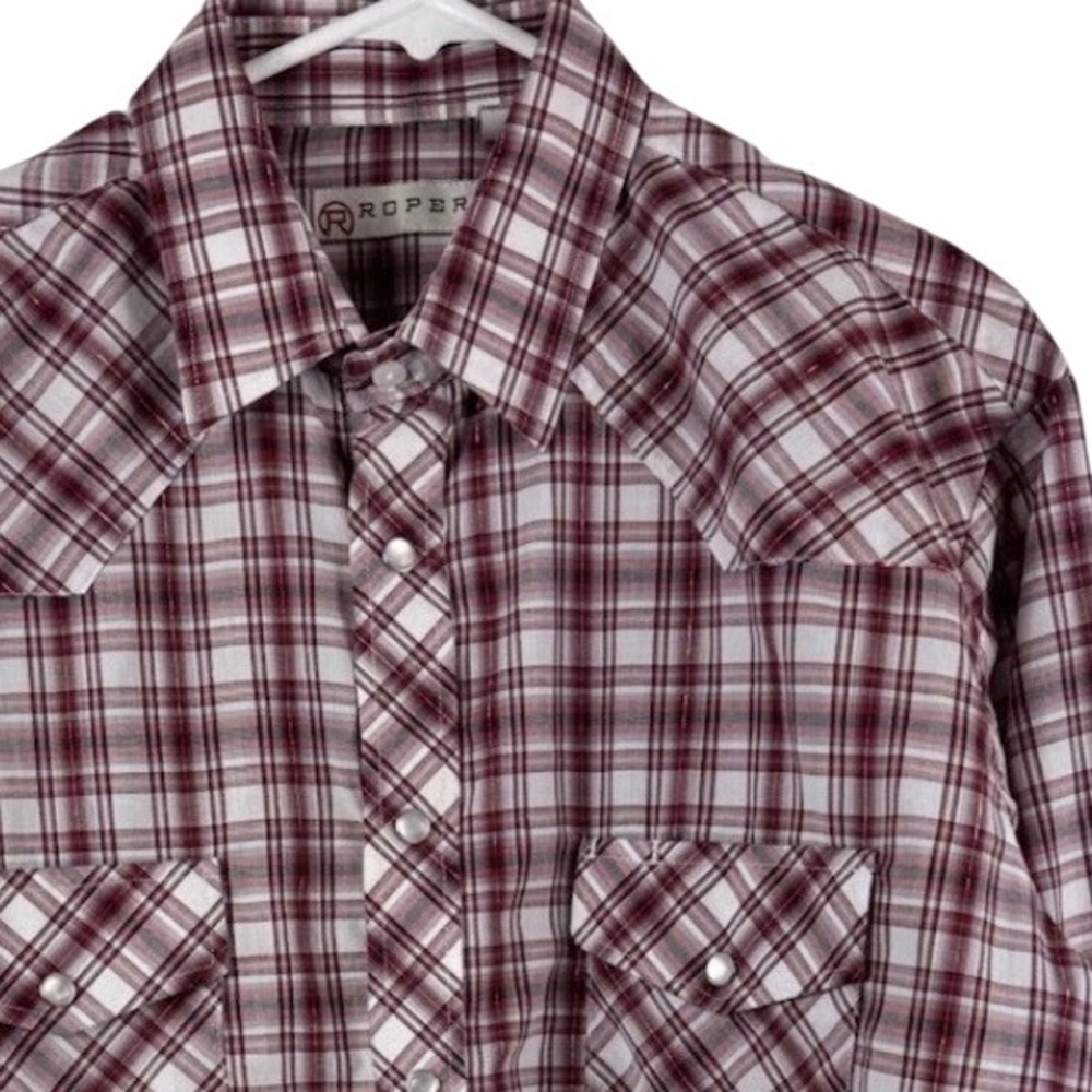 Roper Western Shirt Mens L Burgundy Plaid Pearl Snap Metallic Long Sleeve Yoke